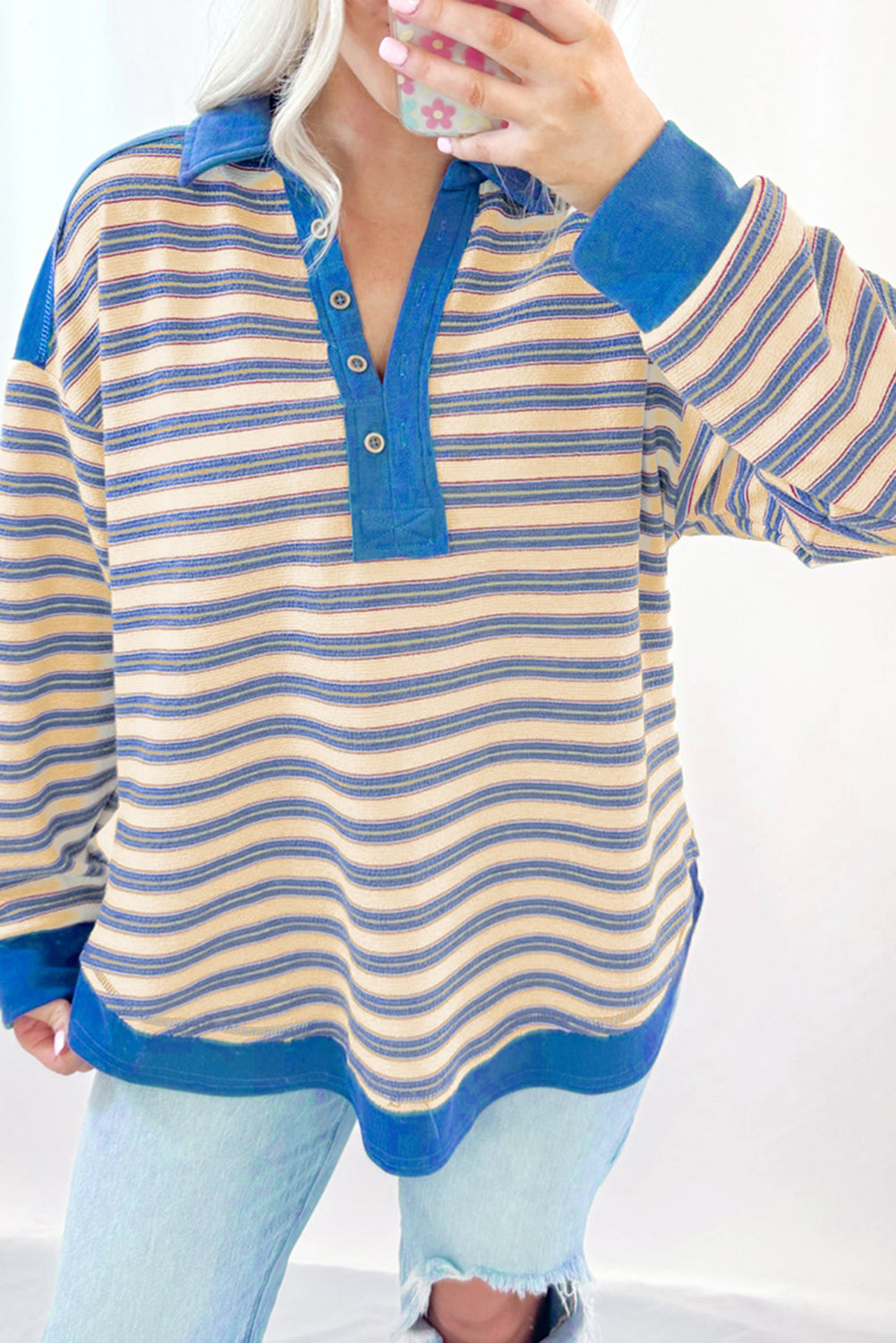Pink Stripe Buttoned V Neck Collared Drop Shoulder Top