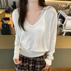 Loose Lazy Style Gray V-Neck Long Sleeve Knit Top for Women Lightweight Elegant Slimming Upper Wear