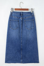 Dark Grey Irregular Distressed Bottom Denim Midi Skirt