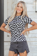 Khaki Checkered Print Crew Neck Mesh T Shirt