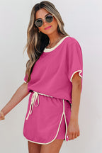 Evergreen Colorblock Edge Drop Shoulder T Shirt and Skort 2Pcs Set