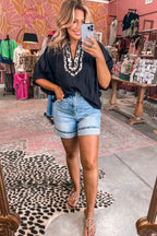 Rose Red Dolman Half Sleeve Leopard Patchwork Trim V Neck Blouse