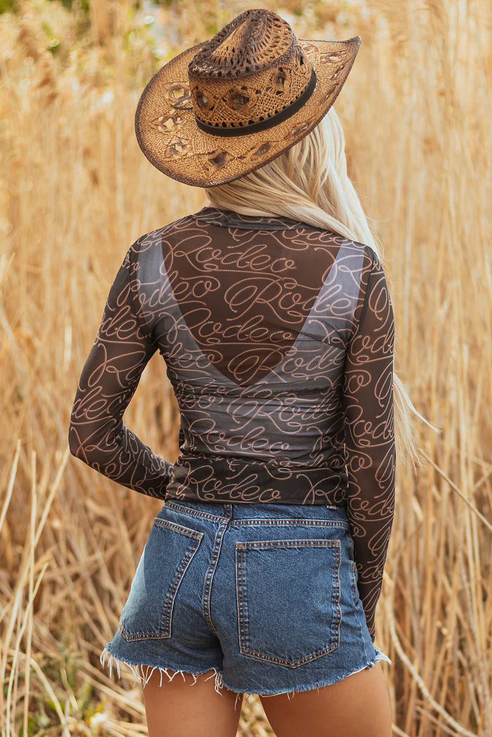 Black Western Rodeo Printed Mock Neck Long Sleeve Mesh Top