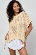 Black Plus Size Open Knit Bow Tie Short Sleeve Sweater