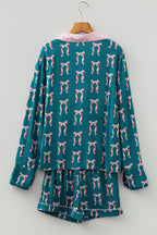 Green Ribbon Bow Print Silky Long Sleeve Shirt and Shorts 2pcs Pajama Set