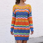 Lady's Dress Rainbow Pattern Woven Color-Blocked Stripe Pullover Knit Dress