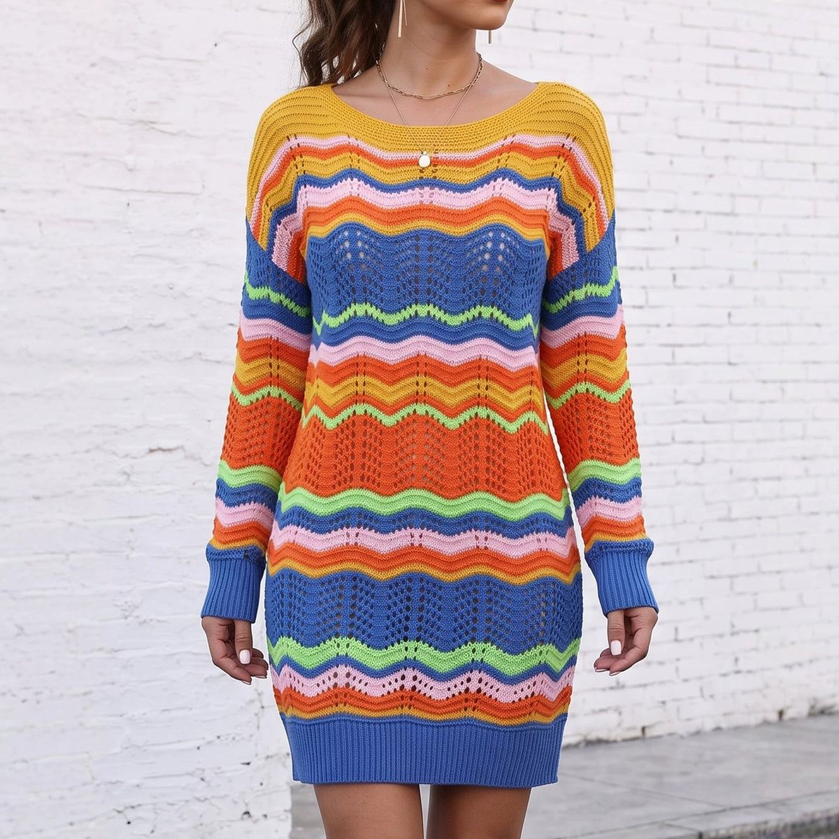 Lady's Dress Rainbow Pattern Woven Color-Blocked Stripe Pullover Knit Dress
