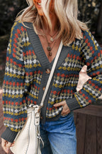 Multicolour Dotty Pattern Knit Button Front V Neck Sweater Cardigan