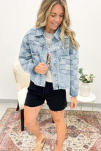 Beau Blue Denim Checkered Pattern Patchwork Womens Casual Jacket