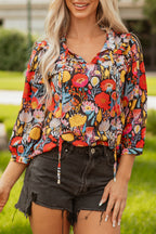 Black Floral 3/4 Puff Sleeve Tied Neck Blouse