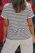 Red Stripe Scalloped Trim Round Neck T Shirt