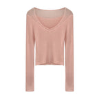 Tweed-Style Sheer Lace Trim V-Neck Lightweight Long Sleeve Inner Knit Top