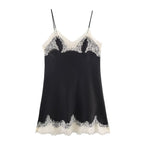 Color blocked lace satin textured top