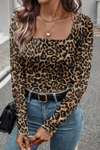 Brown Leopard Print Slim Long Sleeve T Shirt