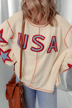 Beige USA Star Contrast Patchwork Exposed Seam Long Sleeve Top