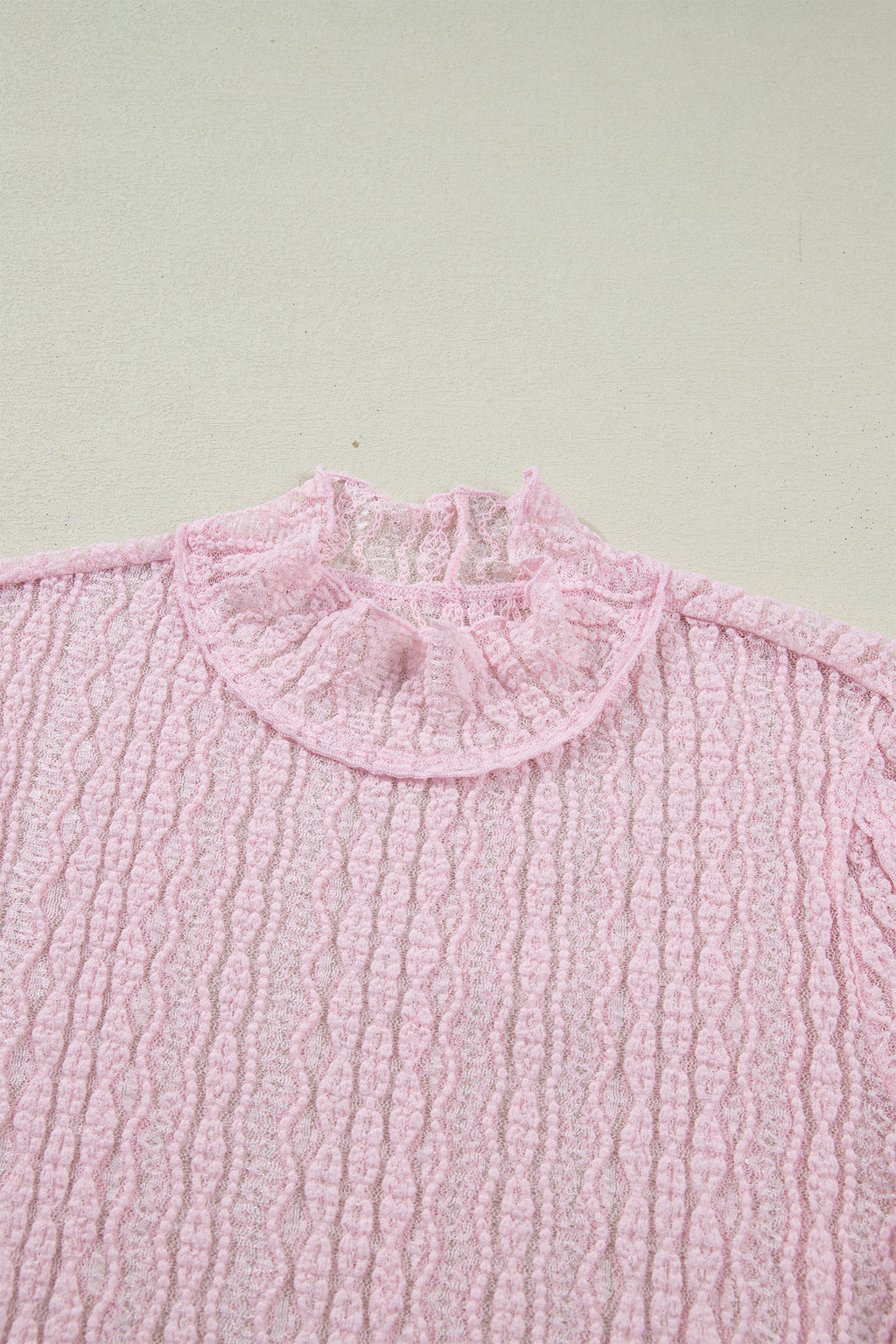 Light Pink Flounced Long Sleeve Mock Neck Sheer Lace Top