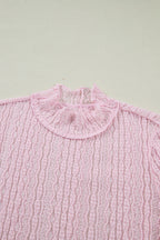 Light Pink Flounced Long Sleeve Mock Neck Sheer Lace Top