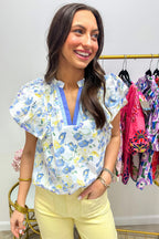 Sky Blue Floral Print Frilled Notched V Neck Blouse