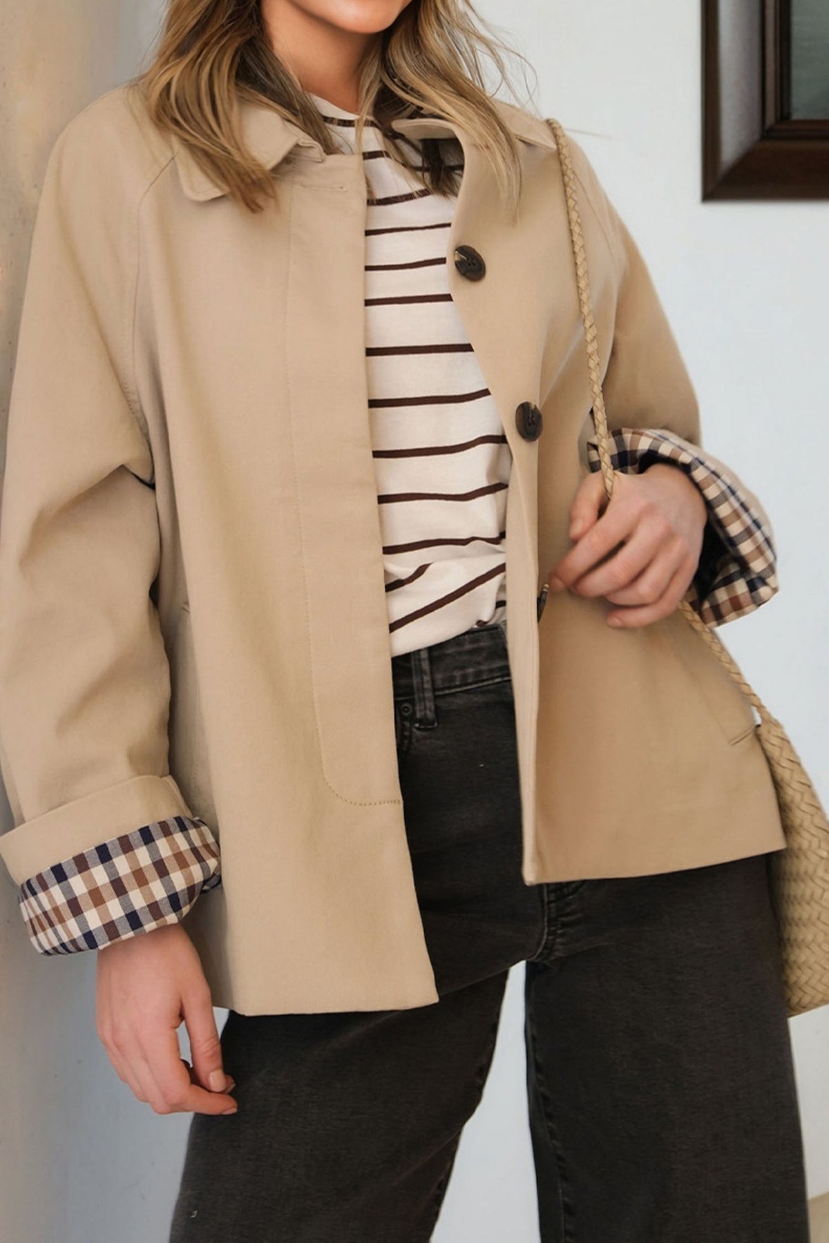 Parchment Plaid Liner Patchwork Single Breasted Trench Coat