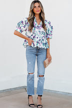 Purple Floral Ricrac Trim Half Sleeve Peplum Top