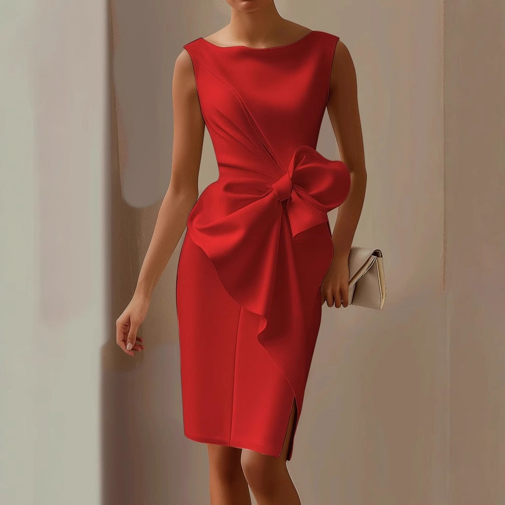 Elegant Butterfly Knot DressShort SleeveOne Shoulder Design A-Line SilhouetteWomen's Dress