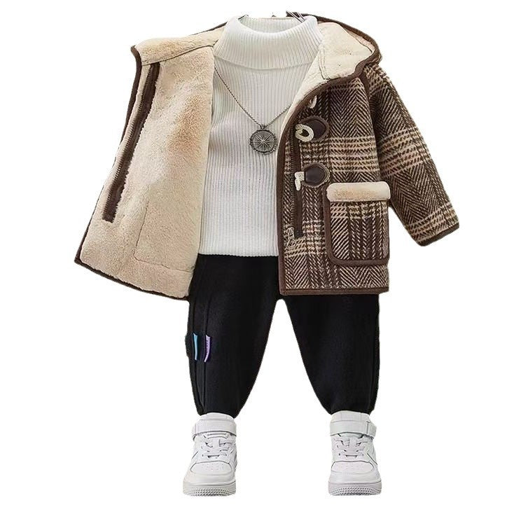 Fashionable Winter Woolen Coat for Boys, Thick Fleece-Lined Mid-Length Kids Jacket
