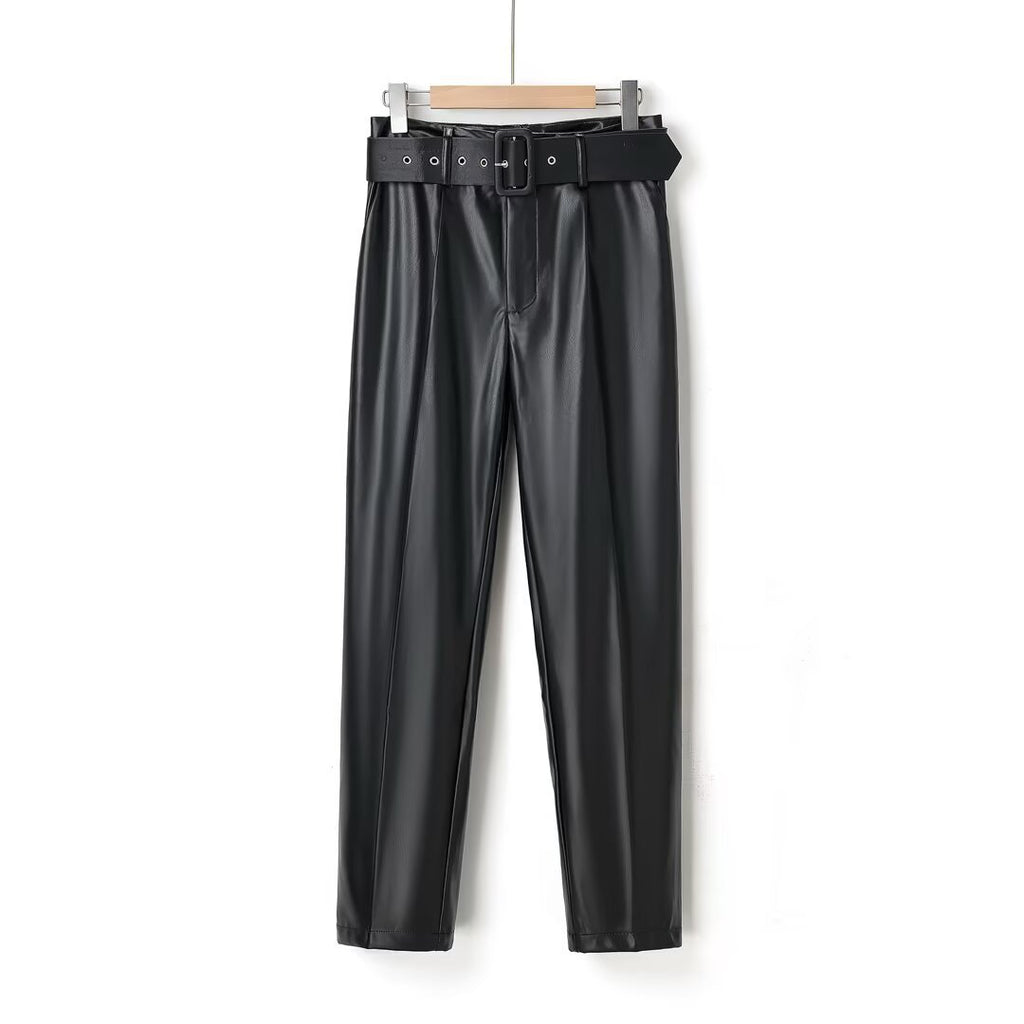 Belted Slim Fit Versatile Skinny Faux Leather Pants for Women