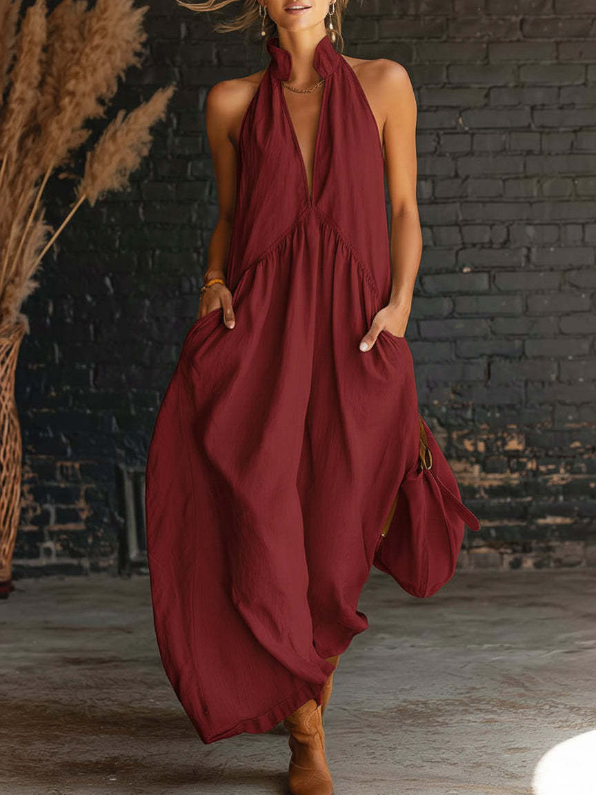 Style Sleeveless Stand Collar Solid Color Long Vacation Dress for Women
