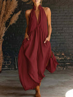 Style Sleeveless Stand Collar Solid Color Long Vacation Dress for Women