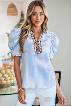Sky Blue Stripe Ricrac Trim Short Puff Sleeve Leopard Patchwork Collar V Neck Blouse