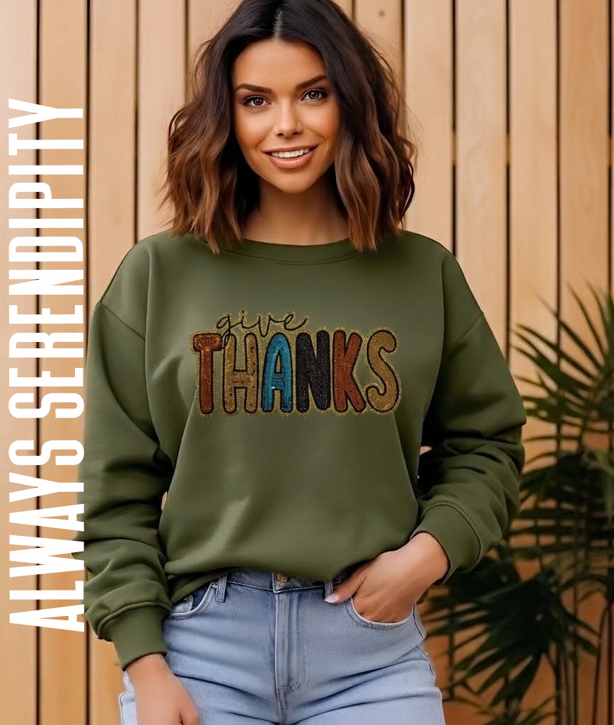 Give Thanks Sequin Bubble Letter Sweatshirt | Thanksgiving & Fall Fashion (HEATHER ARMY GREEN)