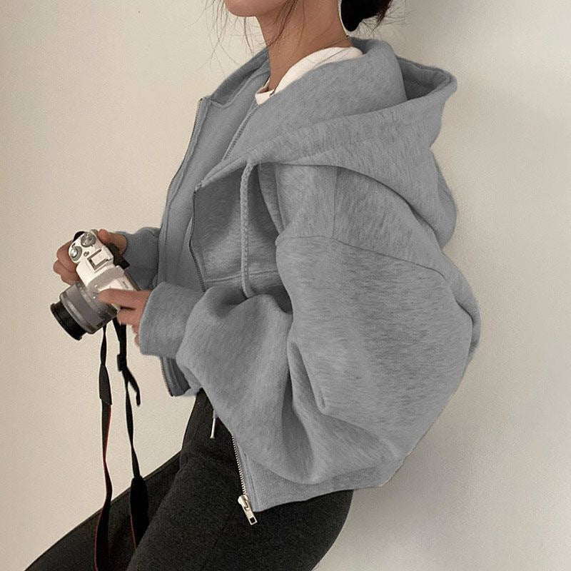 Zipper Warm Color Hoodie for Women Insulated Fashionable Short Length Slim Fit