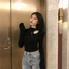 Chic Fitted Inner Top with Neckline Detail, Long Sleeve T-Shirt, Ribbed Mock Neck Base Layer for Women