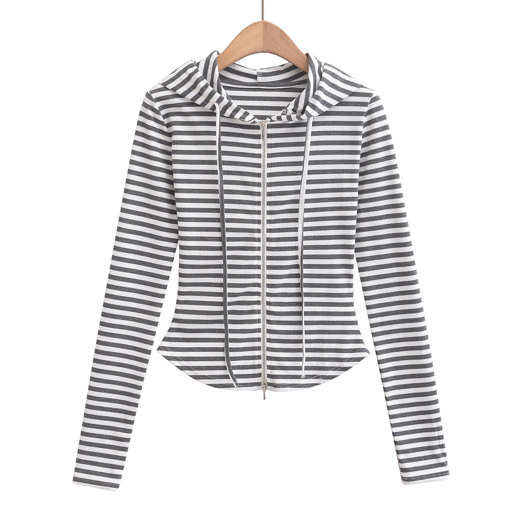 Striped drawstring hooded zipper cardigan top