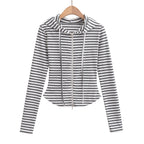 Striped drawstring hooded zipper cardigan top