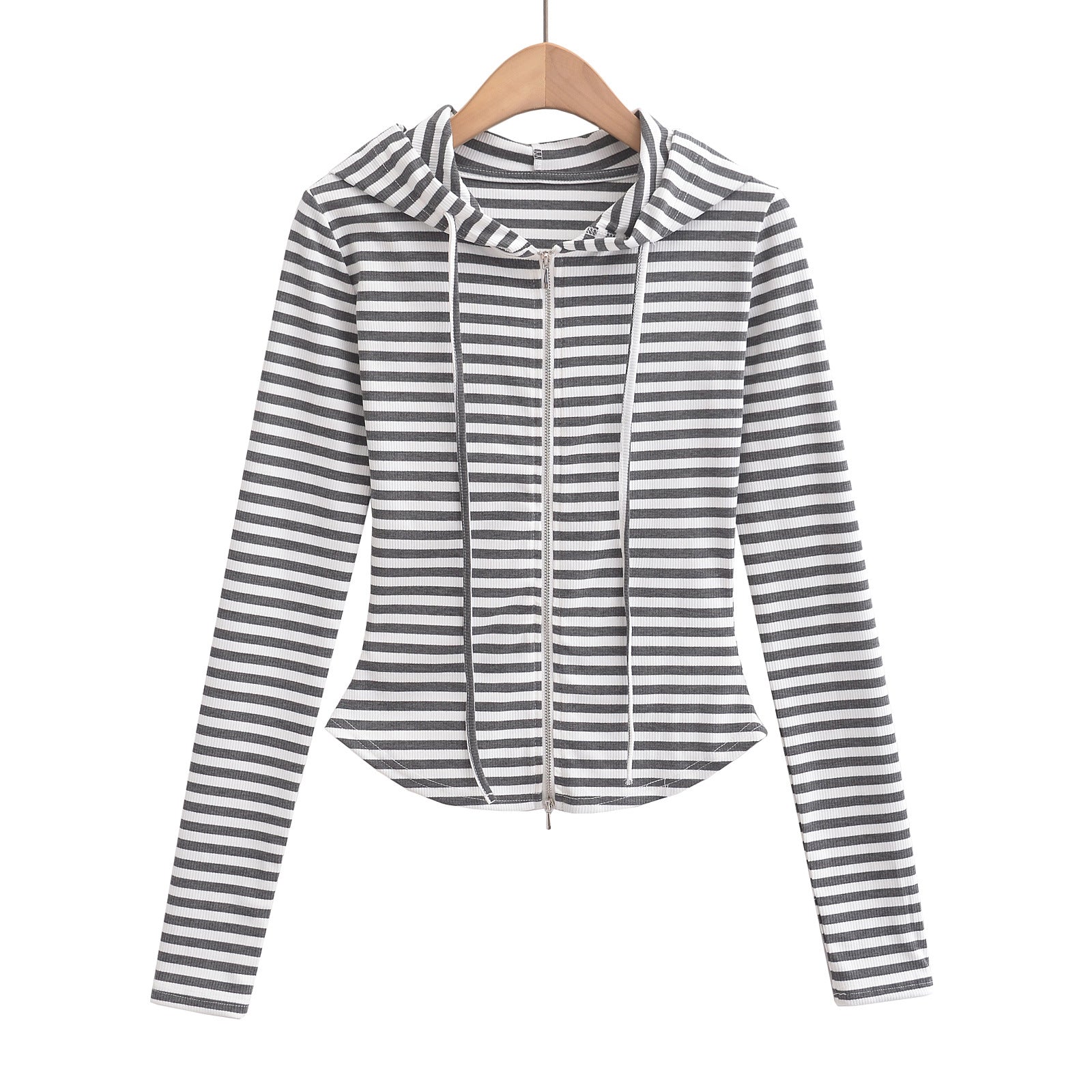 Striped drawstring hooded zipper cardigan top