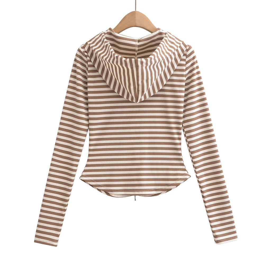 Striped drawstring hooded zipper cardigan top