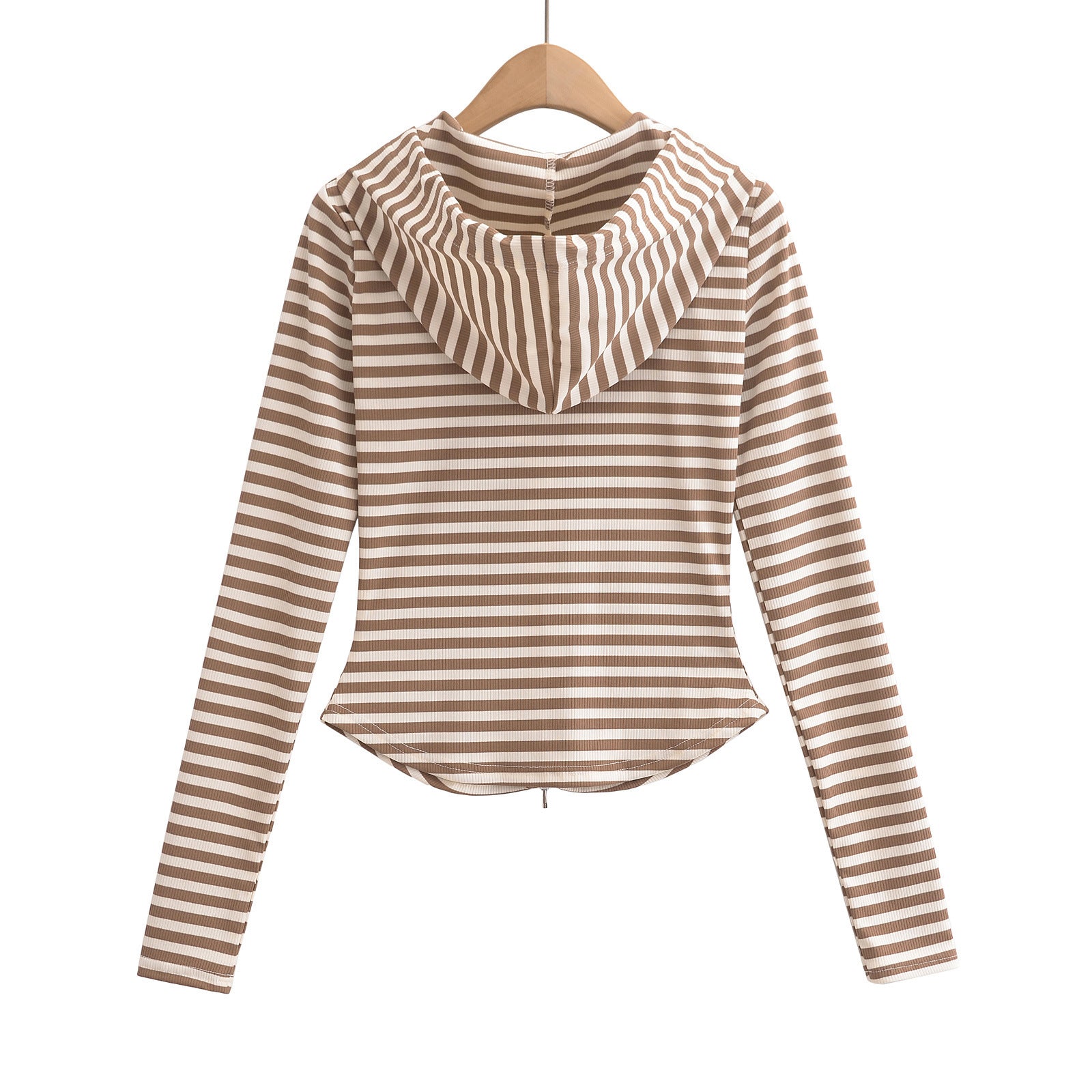 Striped drawstring hooded zipper cardigan top