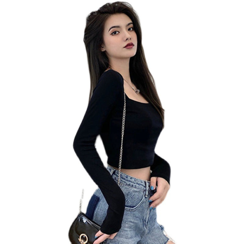 T-shirt Innerwear Vintage Fitted Top for Women Long Sleeve Early Autumn Square Neck Basic Shirt Trendy
