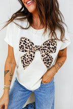White Leopard Bow Embroidered Cotton Round Neck T Shirt