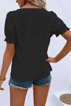 Black Solid Color Textured Notched Neck Puff Sleeve Blouse