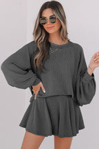 Jet Stream Corded Lantern Sleeve Top High Waist Ruffled Mini Skort Set