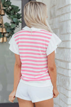 Green Stripe Collar V Neck Ruffled Short Sleeve Blouse