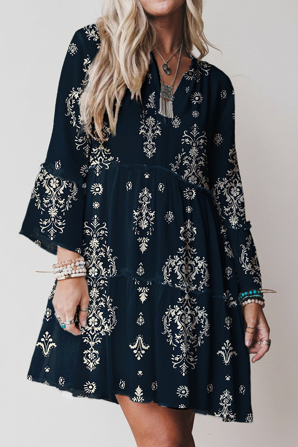Sky Blue Boho Floral Print Lettuce Trim 3/4 Sleeve Mini Dress