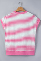 Pink Stripe Half Placket High Low Short Sleeve Top