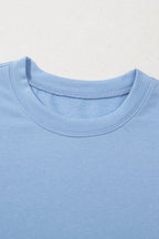 Beau Blue Eyelet Flower Embroidered Puff Short Sleeve Patchwork Crew Neck Blouse