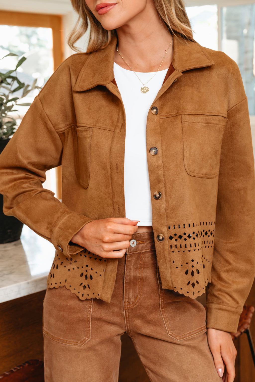 Thai Curry Solid Color Faux Suede Hollowed Detail Retro Style Jacket