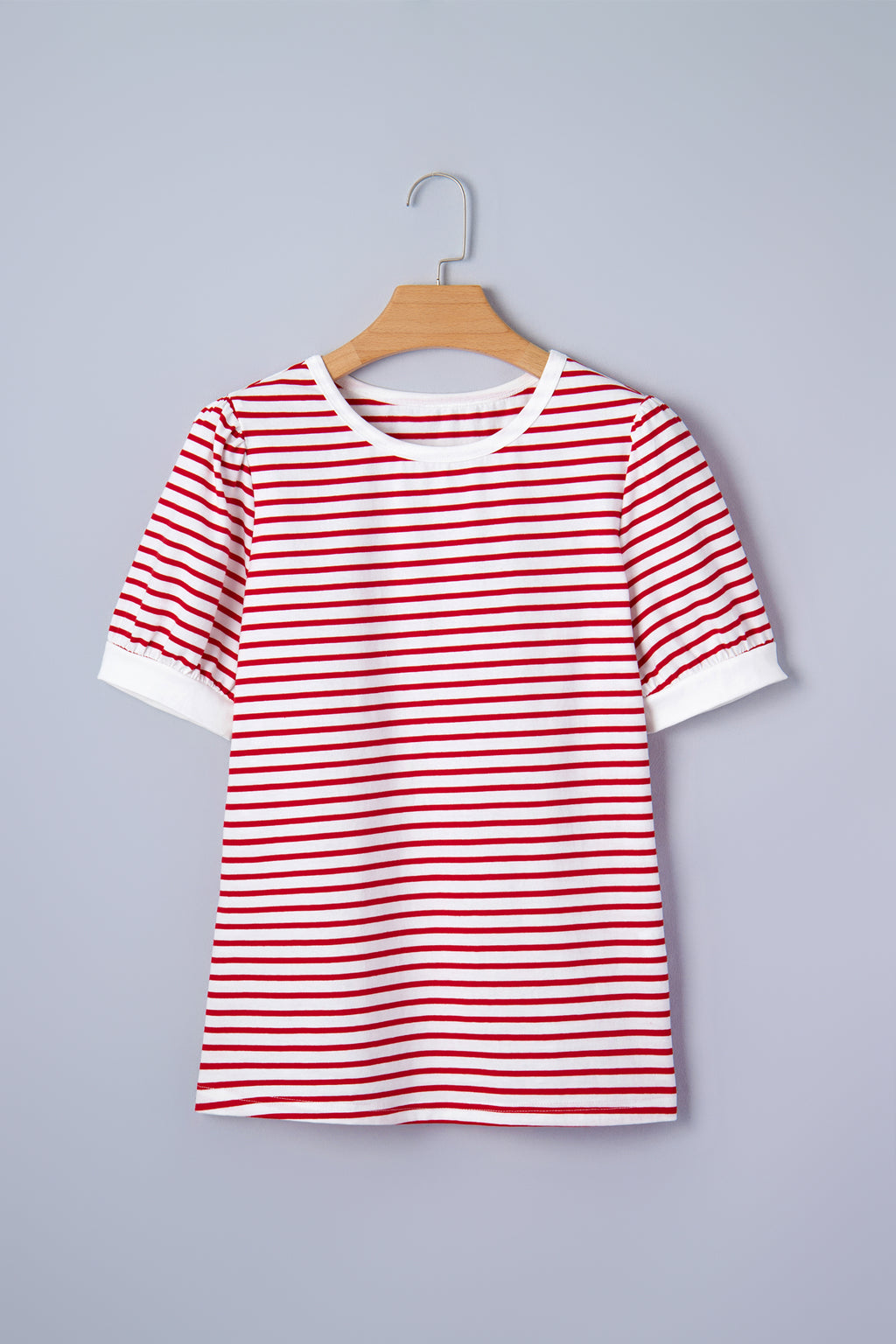 Red Stripe Contrast Trim Round Neck Short Puff Sleeve T Shirt
