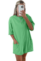 Pink Solid Color Raw Edge Half Sleeve Pocketed Loose Romper