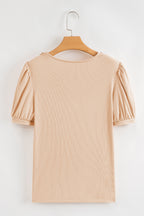 Pale Chestnut Crochet Floral V Neck Textured Short Sleeve Blouse